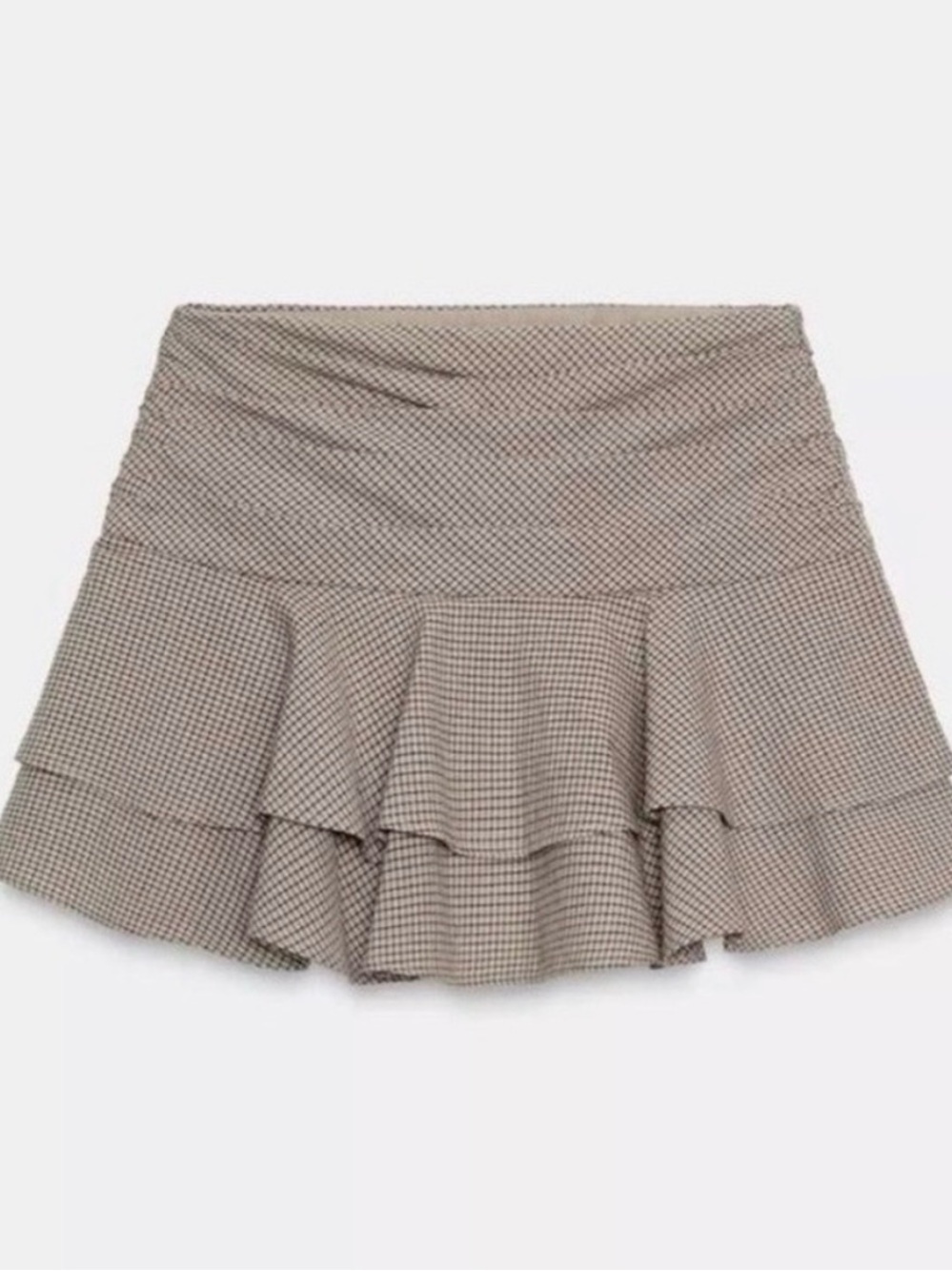 Zara Taupe Check Tiered Ruffle Mini Skirt